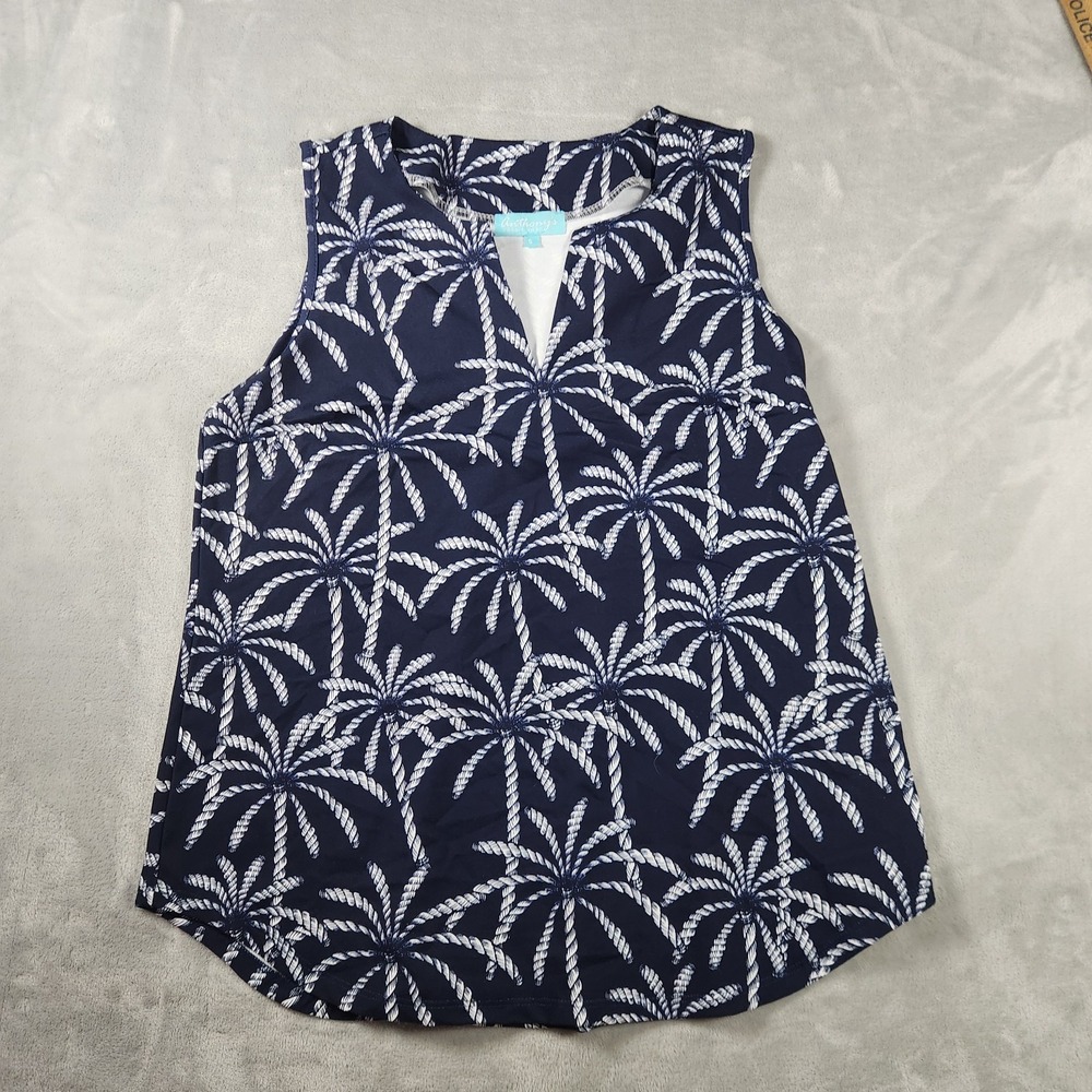 Anthony's Resort Wear Women's Top S Navy Blue Palm Tree Sleeveless Tank Coastal